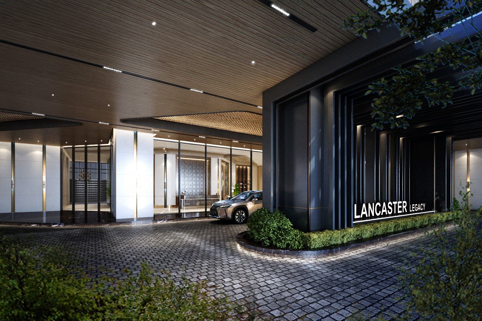 Lancaster Legacy development entrance at night in Ho Chi Minh City
