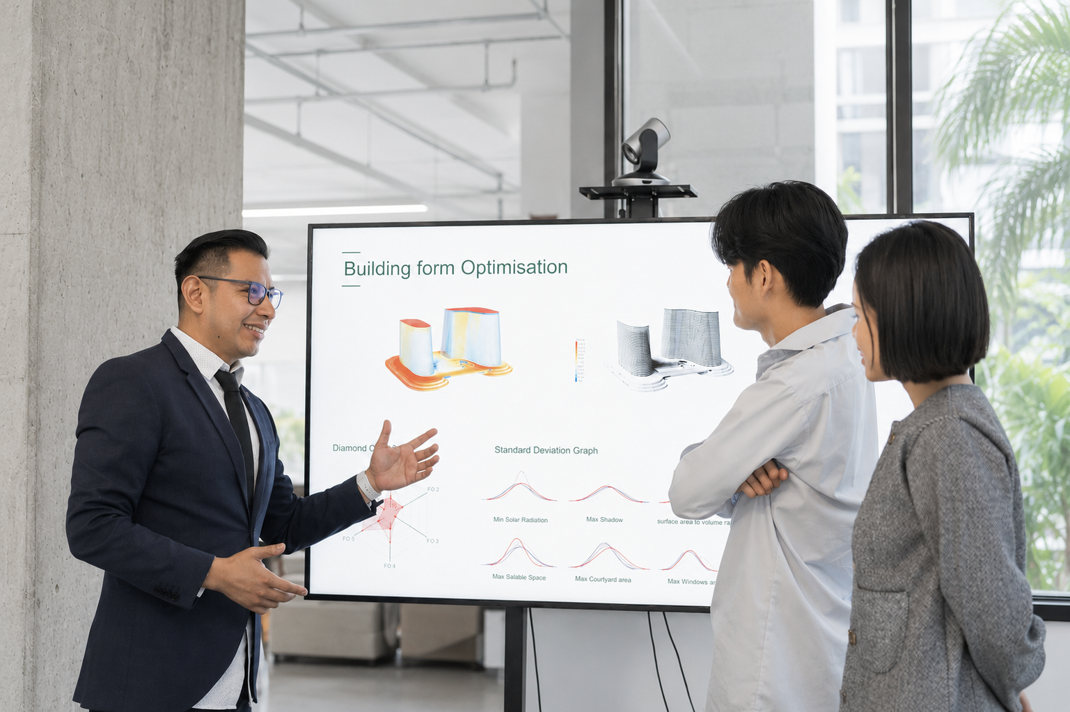 A dwp team presenting a building form optimisation study